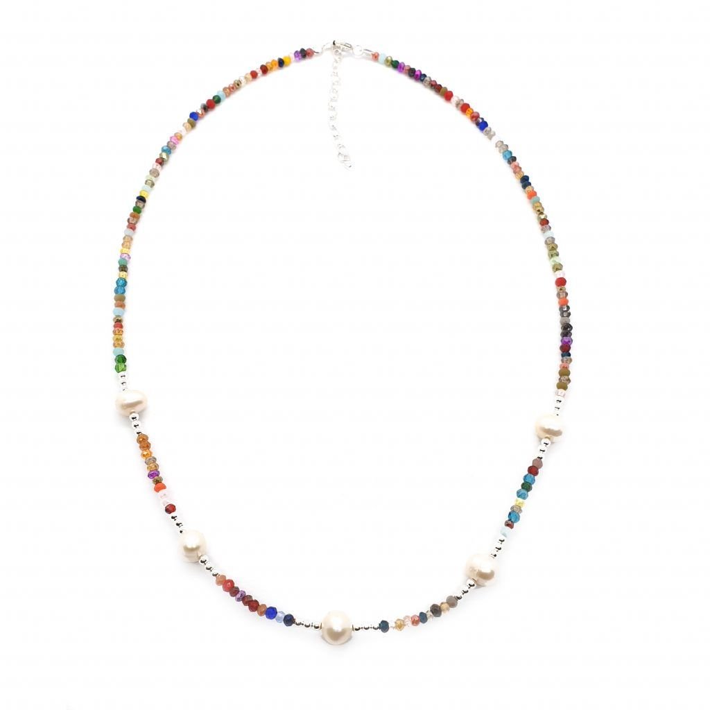 Necklace with colored stones combined with pearls for sale.