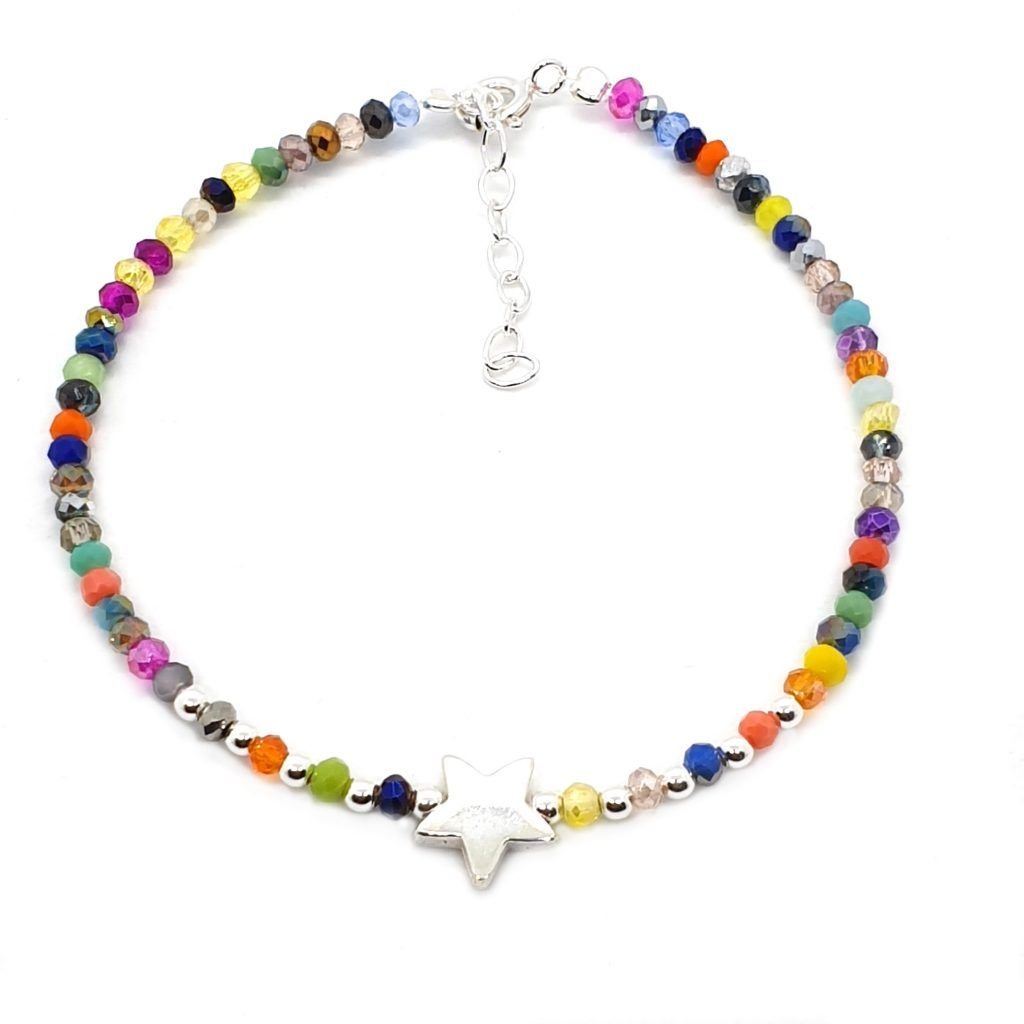 Sterling silver bracelet for sale with a star in the center and colored stones with beads