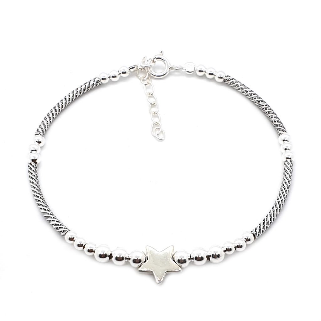 venta de pulsera estrella bali de plata de ley 925 combinando tubitos tallados y bolitas de plata