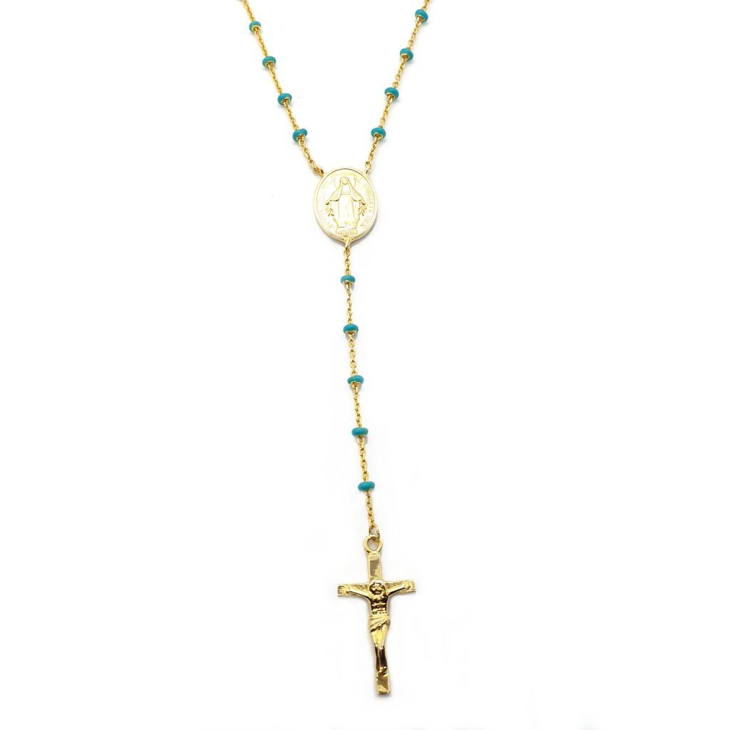 Rosario in argento sterling 925 smaltato blu dorato