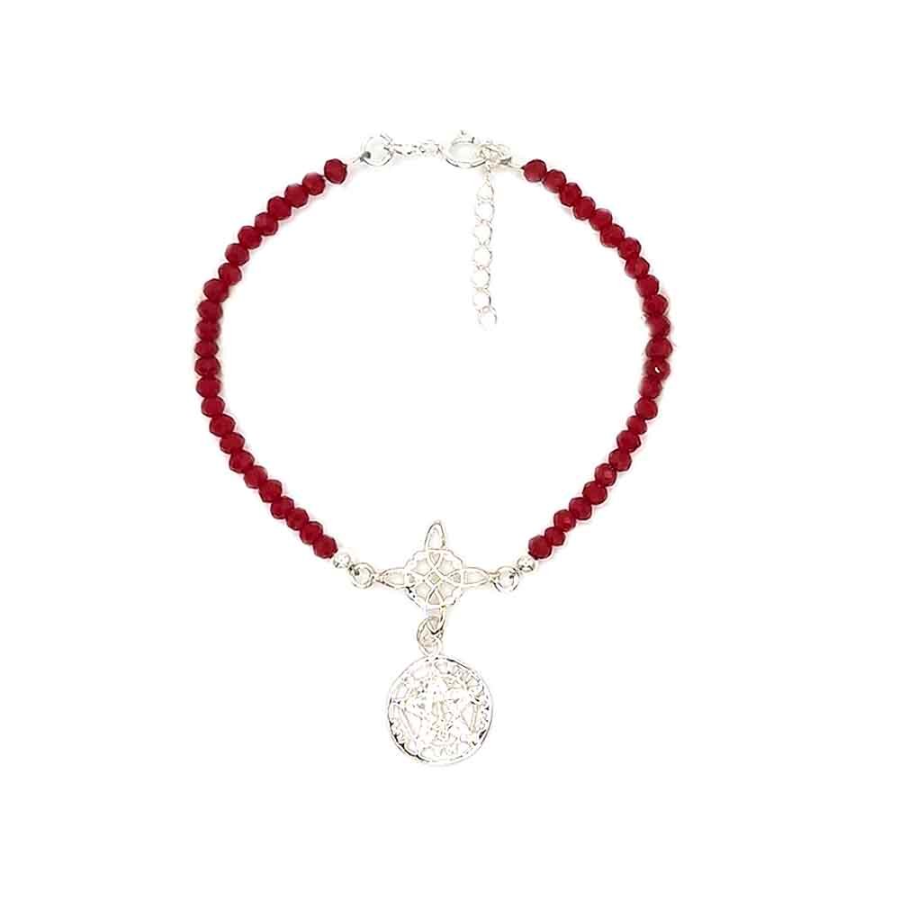 venta de pulsera doble protección piedra roja con el nudo de bruja y tetragramaton