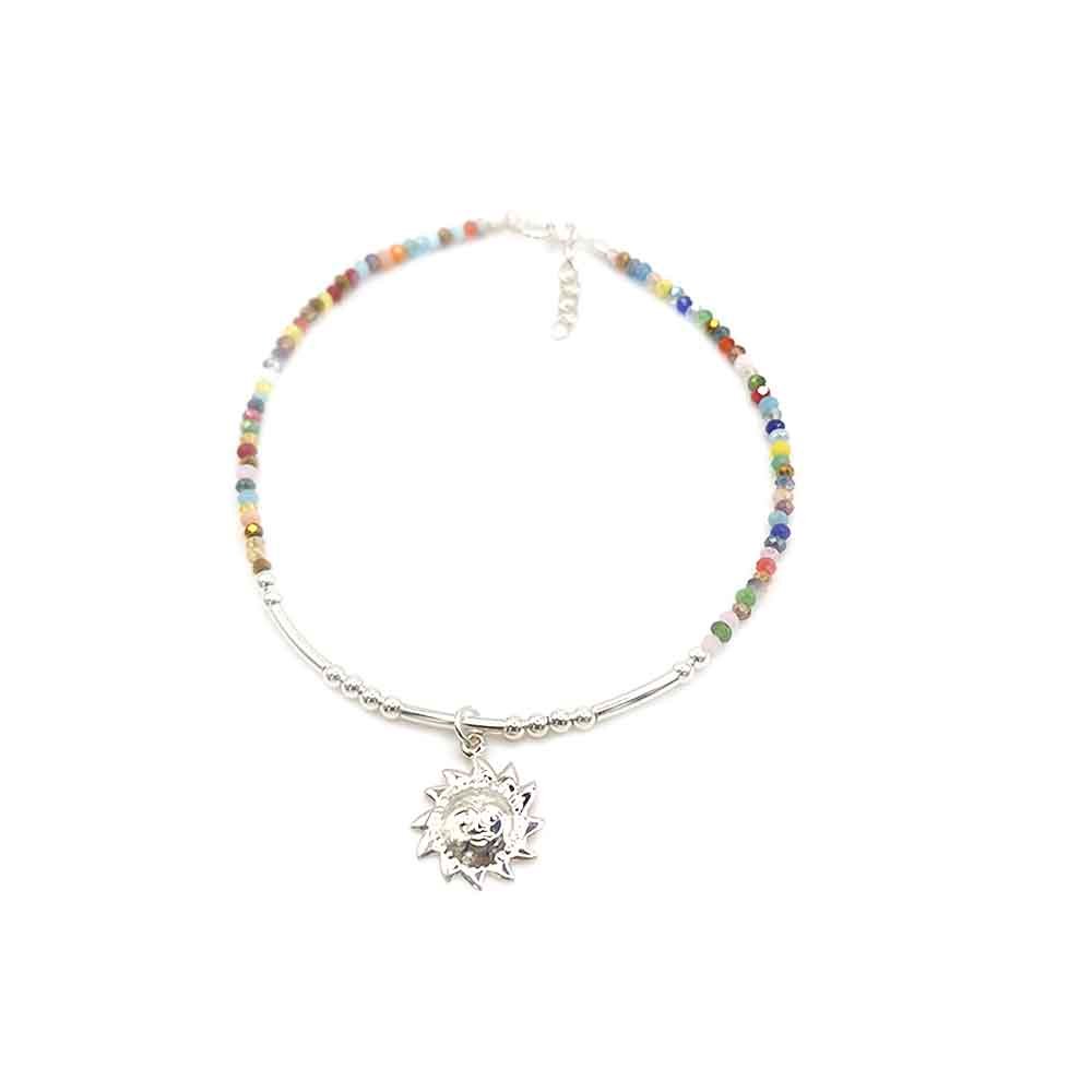 venta de tobillera de piedras de colores de un colgante de sol de plata 925